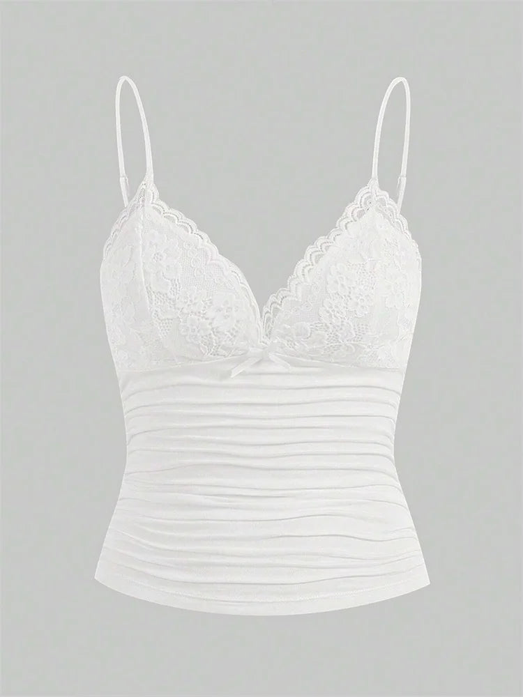 Women's Fitted Camisole with Contrasting Lace Trim and a Bow Detail
