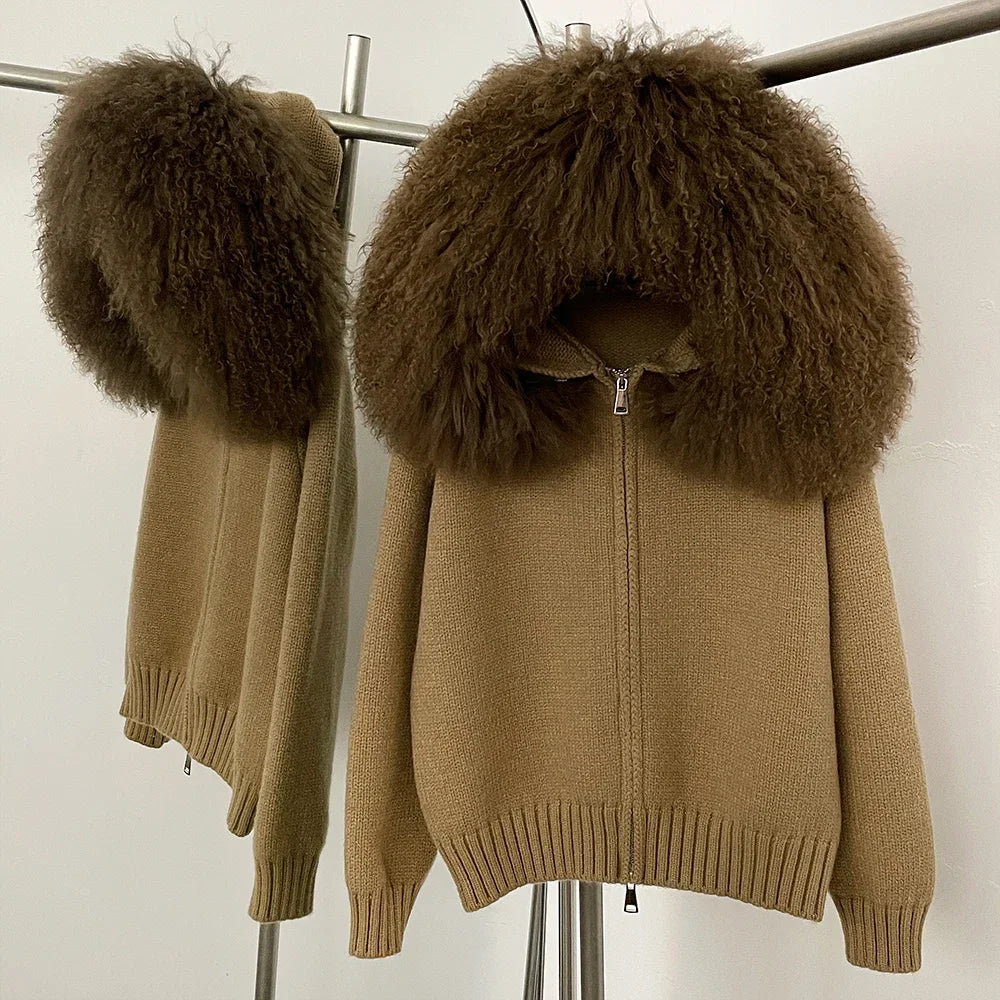 Women's Hooded Zip Front Fluffy Trim Jacket Casual Knit Layer
