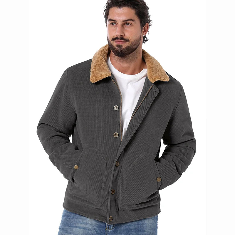 Men's Winter Corduroy Jacket Warm Fleece Lined Cargo Work Coat Casual Thick Sherpa Collar Trucker Deck Navy Jackets