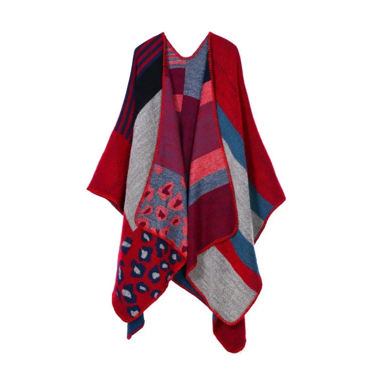 Patterned Fringed Open Front Poncho for Layering over Outfits