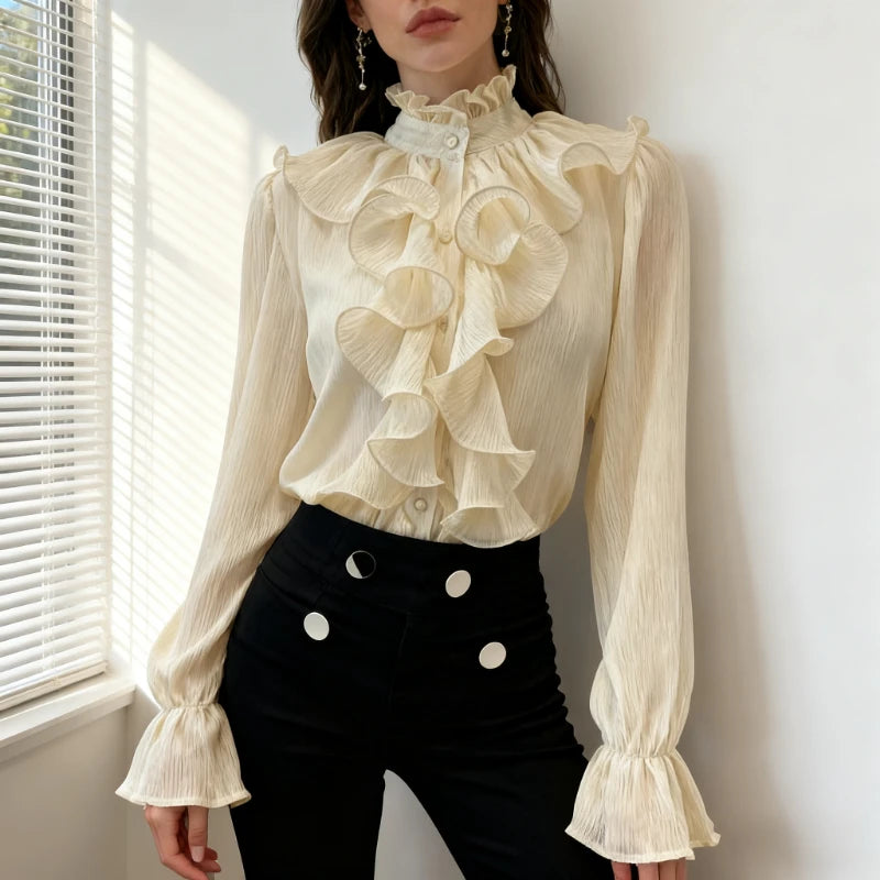Women's Ruffled Stand Collar Long Sleeve Blouse