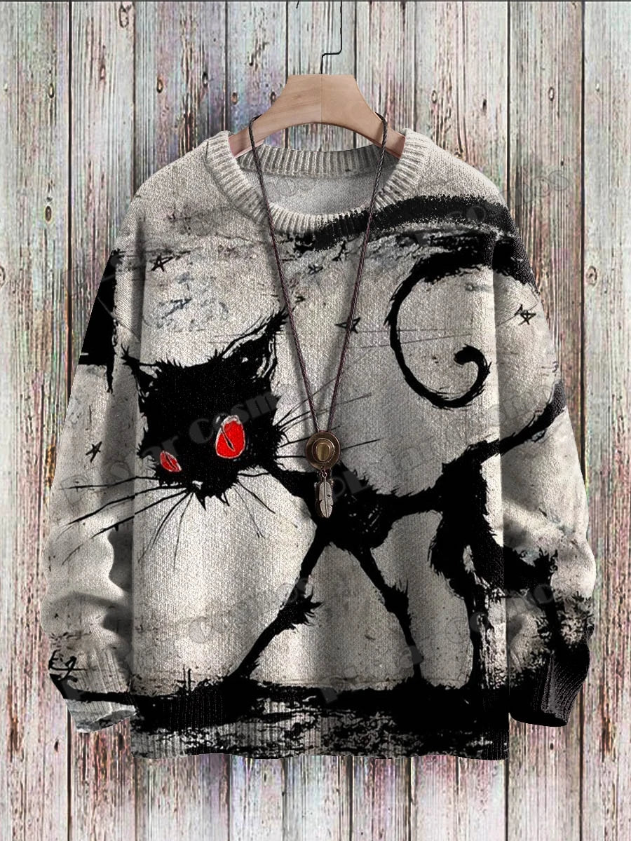 Men's Cat Print Crew Neck Long Sleeve Sweater
