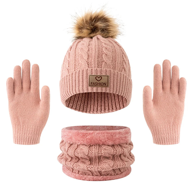 Children's Knitted Hat Neck Warmer and Gloves Set for Winter Wear