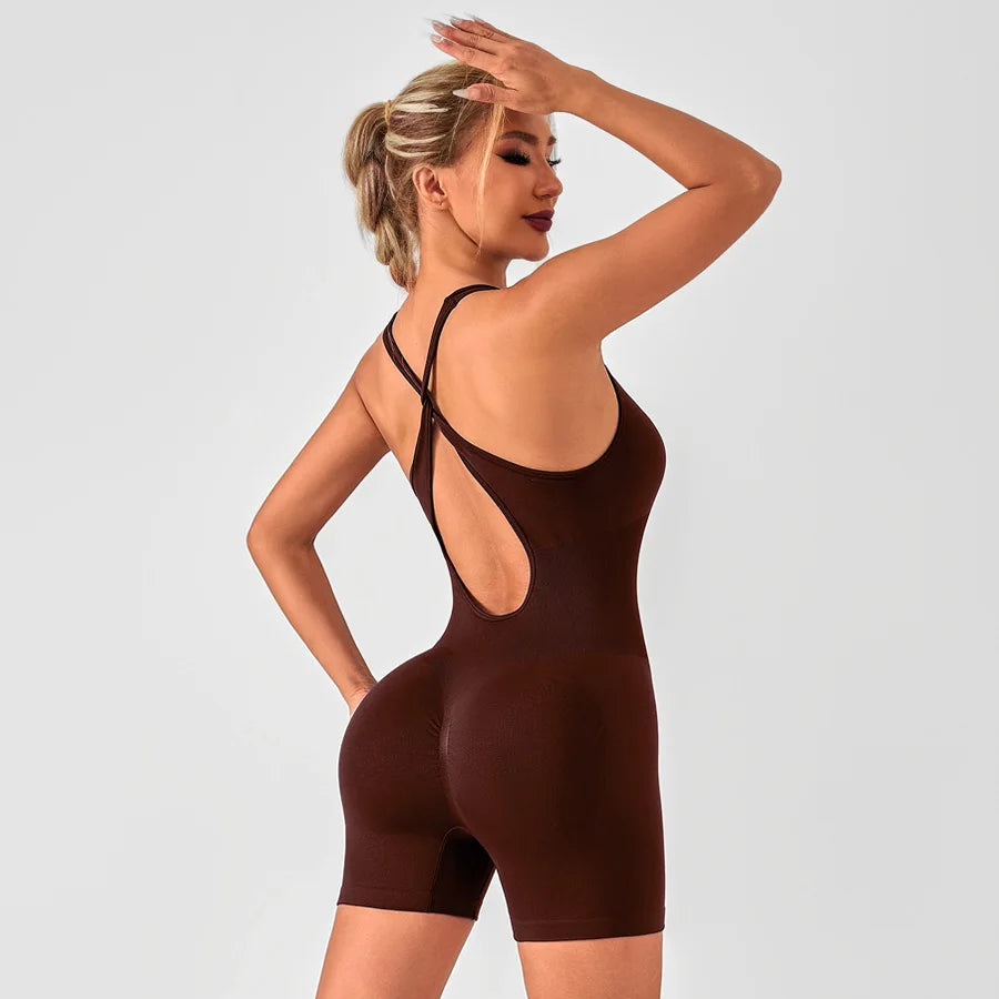 Women's Scoop Neck Nylon Blend Workout Romper with Crisscross Back Straps