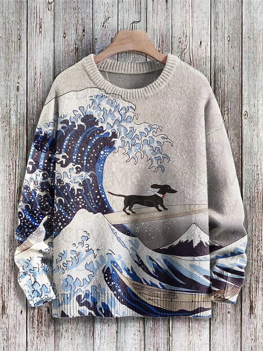 Japanese Art-Print Crewneck Knit Sweater