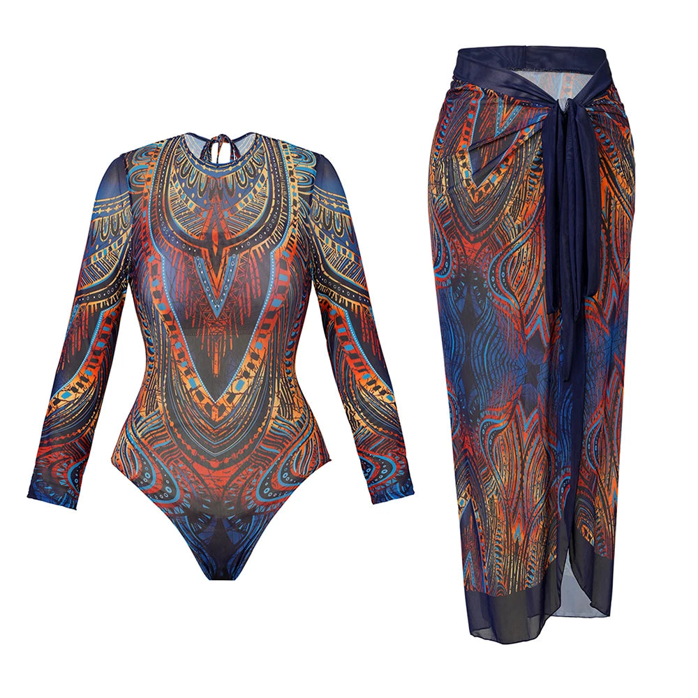 Printed Long Sleeve Swimsuit with Matching Skirt
