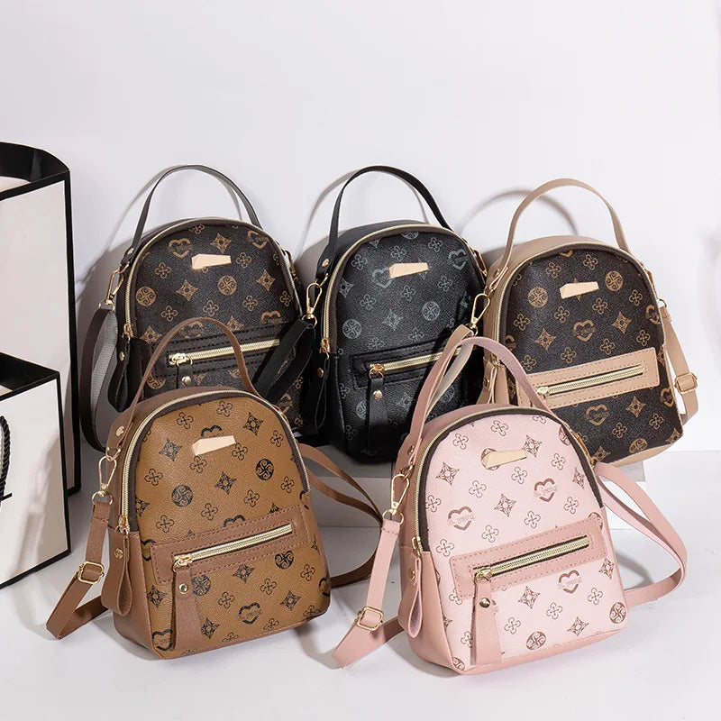 Printed Mini Backpack with Front Zipper Pocket and Multiple Carry Options