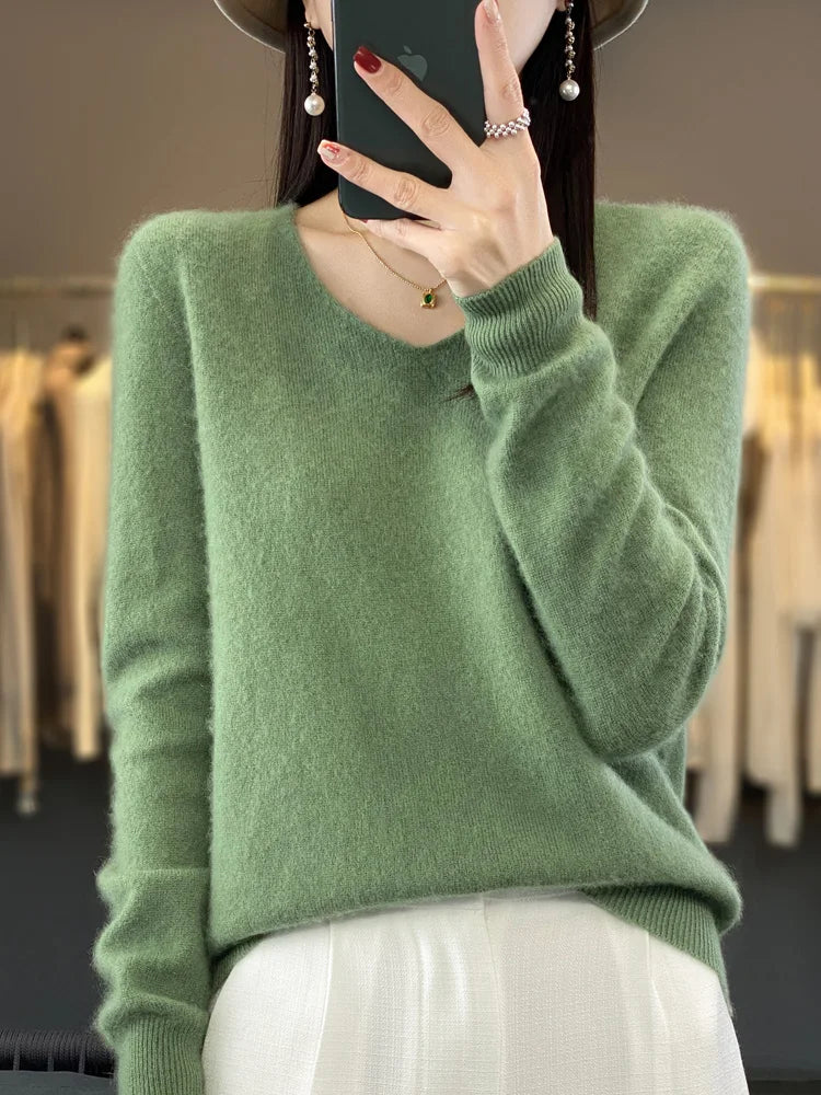 Women's V Neck Long Sleeve Sweater Casual Knit Layer