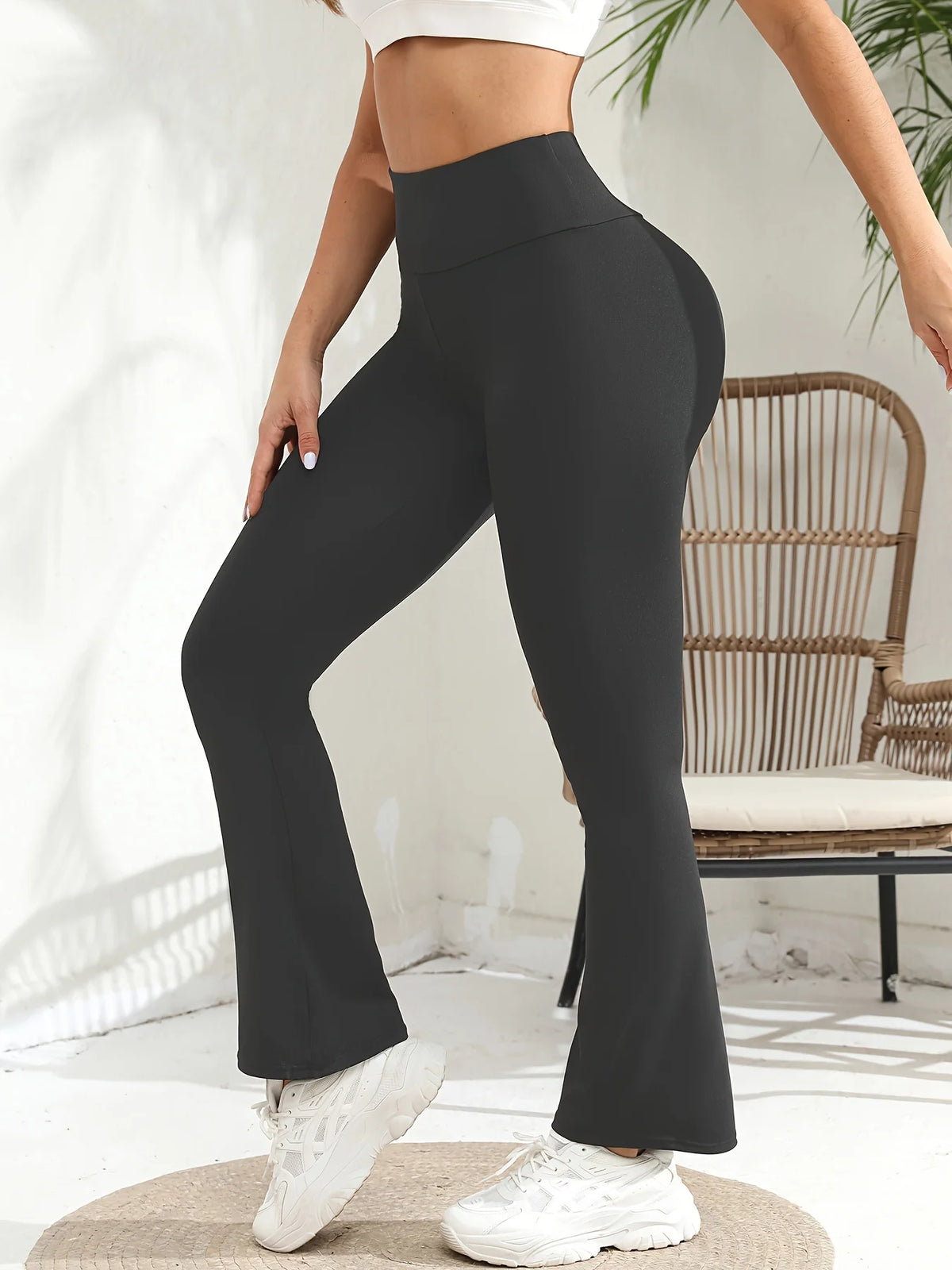 Women's High Waist Polyester Flared Workout Pants with Fitted Upper Legs