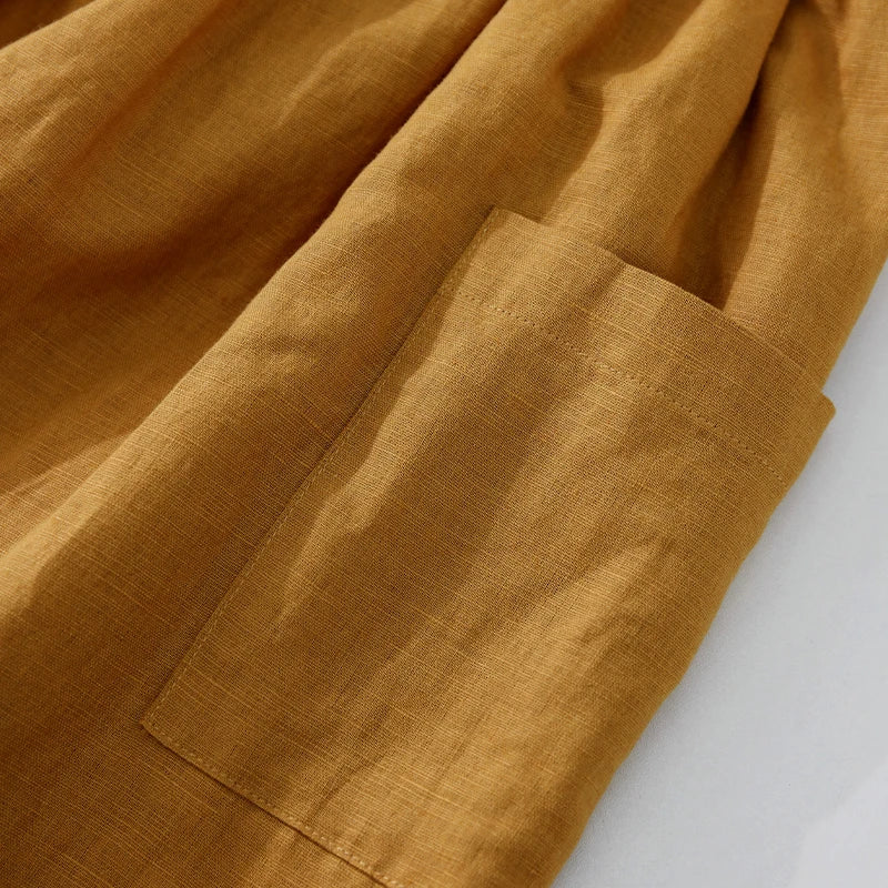 Women's Cotton-Linen Sleeveless Square-Neck A-Line Midi Dress with Pockets for Casual Outfits