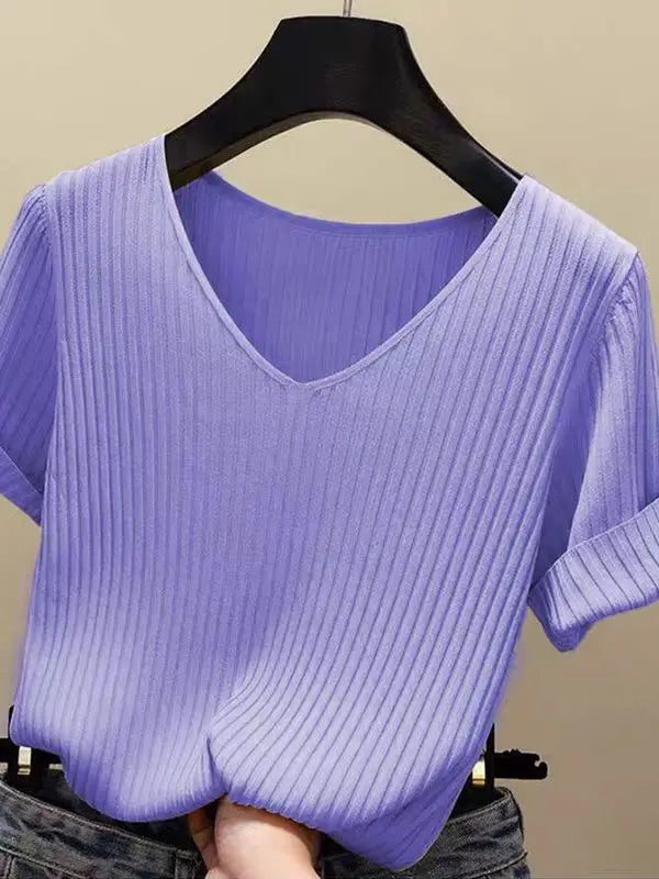 Women's V Neck Short Sleeve Sweater Casual Knit Layer