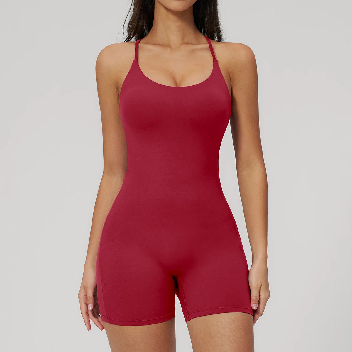 Women's Thin Strap Workout Romper with Multiple Crossed Back Straps