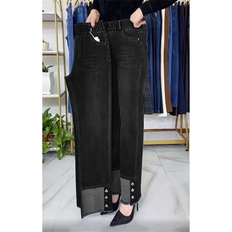 Women's Button Cuff Cropped Straight Leg Denim Jeans