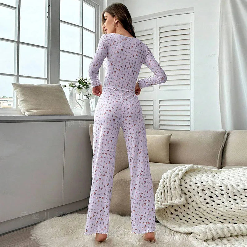 Women's Floral Textured Long Sleeve Pajama Set with Top and Pants