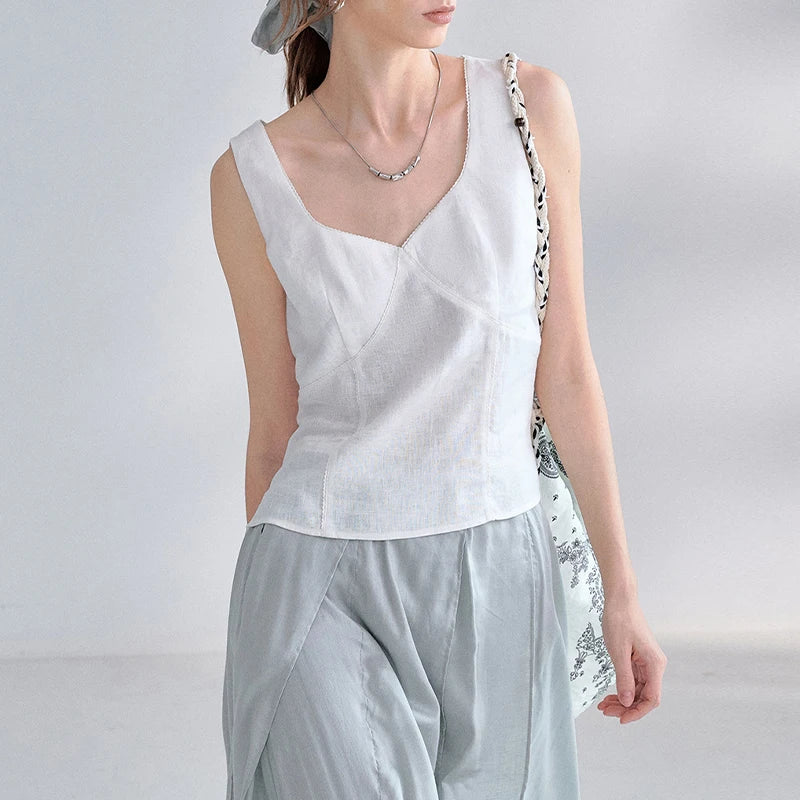 Women's Linen Sleeveless V-Neck Cropped Tank Top with Zipper Detail for Summer