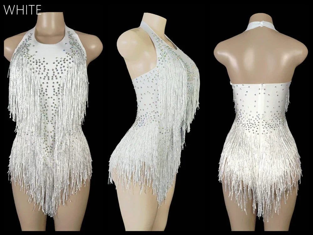Women's Rhinestone Fringe Halter Dance Bodysuit for Stage Costume Outfits
