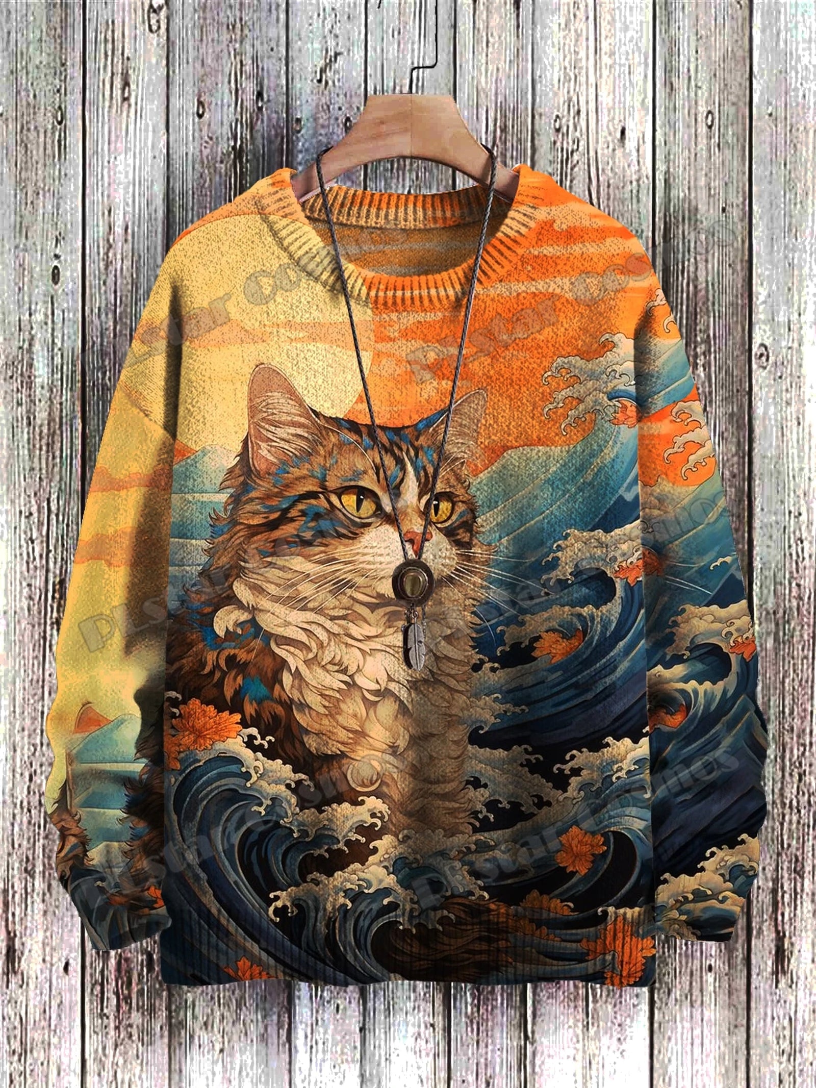 Men's Cat Print Crew Neck Long Sleeve Sweater