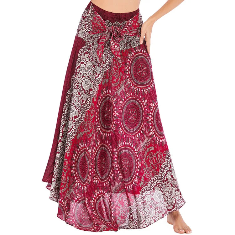 Women's Printed Nylon Harem Pants with Smocked Waist and Convertible Styling