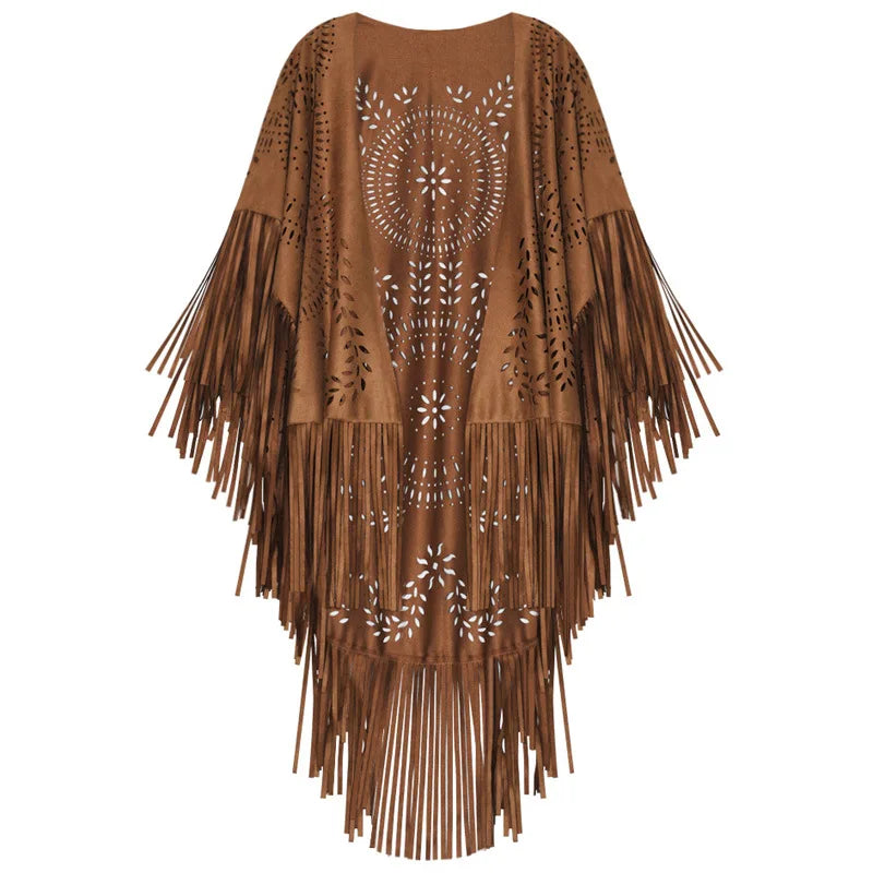 Floral Cutout Long Fringe Cape for Layering over Outfits