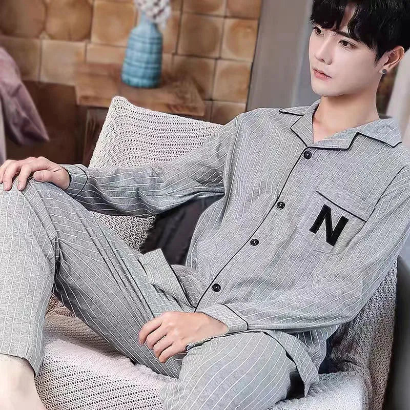 Men's Printed Button Front Long Sleeve Shirt and Pants Pajama Set