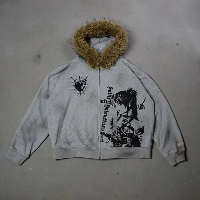 Fluffy Trim Long Sleeve Full Zip Casual Hoodie