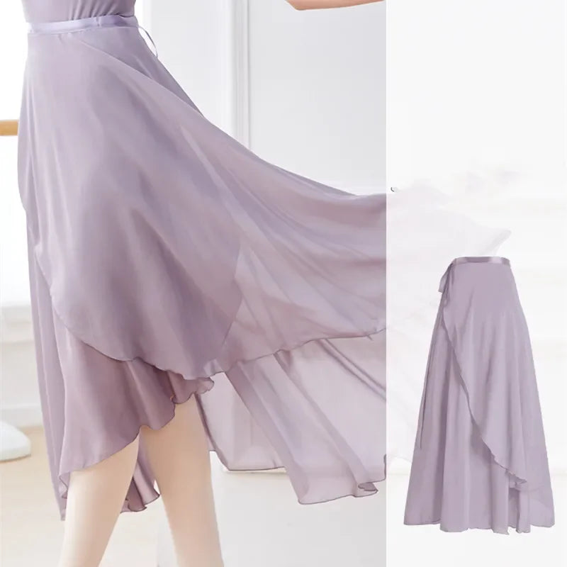 Women's Long Ballet Wrap Skirt with Flowing Hem and Tie Waist