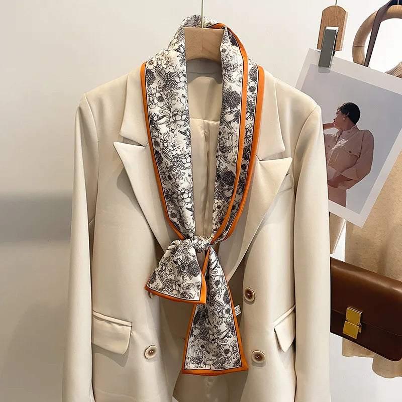 Printed Long Narrow Scarf with Decorative Ribbon Shape