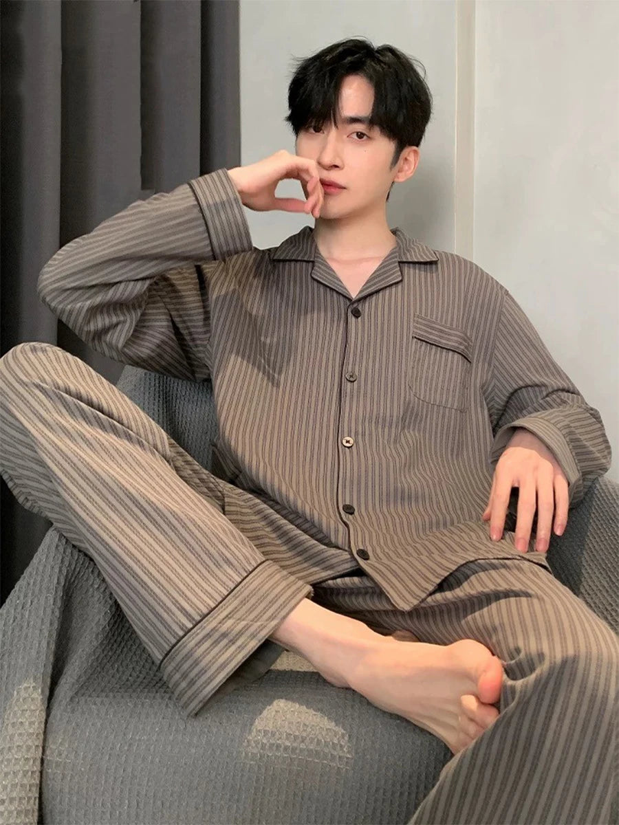 Men's Printed Button Front Long Sleeve Shirt and Pants Pajama Set