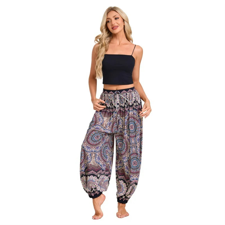 Women's Printed Rayon Harem Pants with Elastic Waist and Loose Gathered Legs