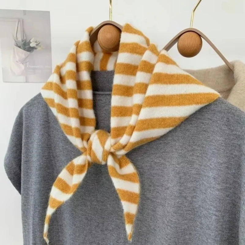 Striped Triangle Knit Scarf with Tieable Pointed Ends