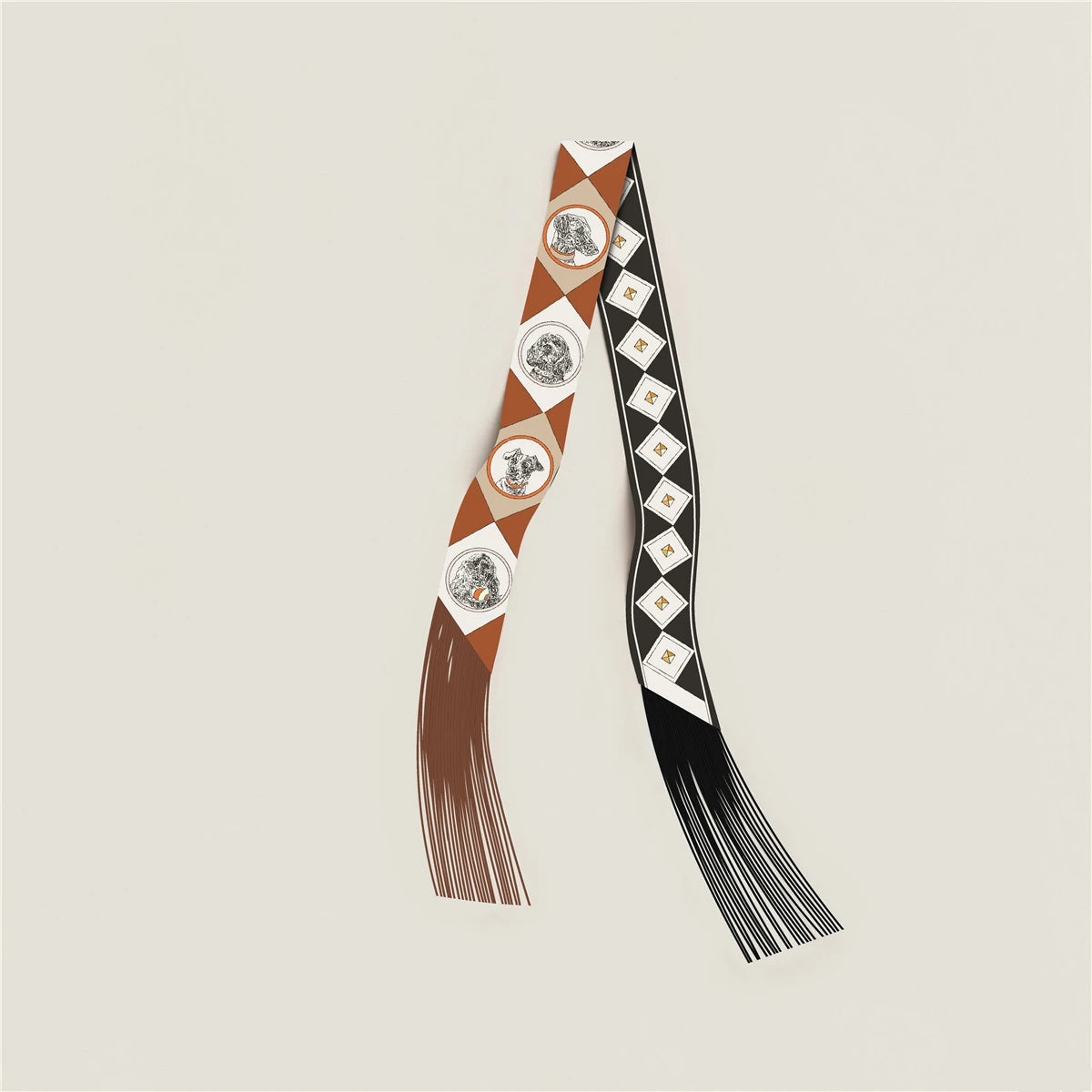 Printed Narrow Ribbon Scarf with Decorative Fringed Ends
