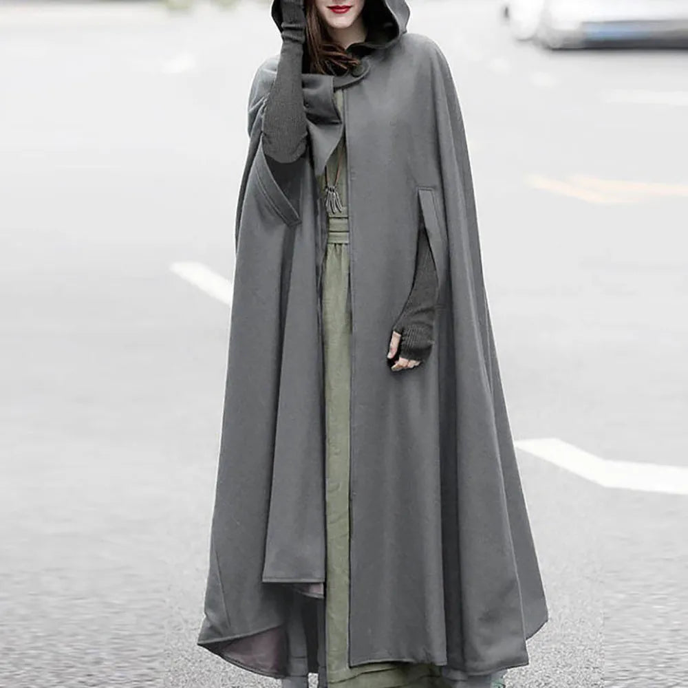 Long Hooded Button Front Cape for Layering over Outfits