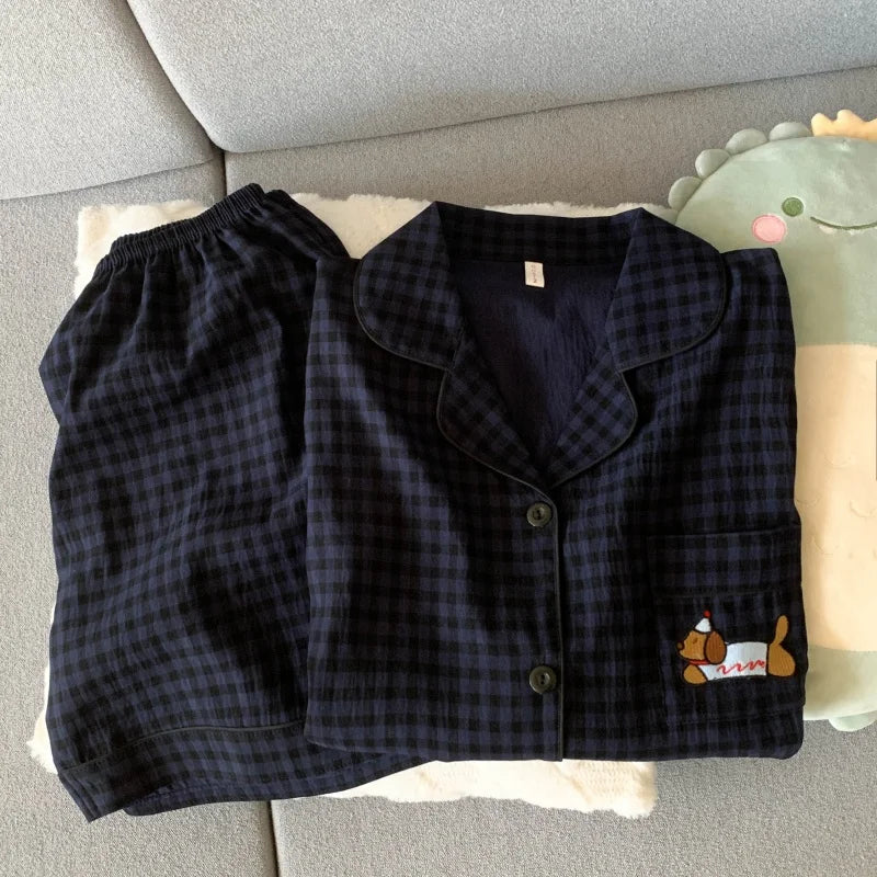 Women's Dog Motif Checked Button Front Pajama Set with Top and Shorts
