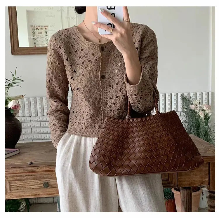Women's Open Knit Cropped Button Front Cardigan Casual Knit Layer