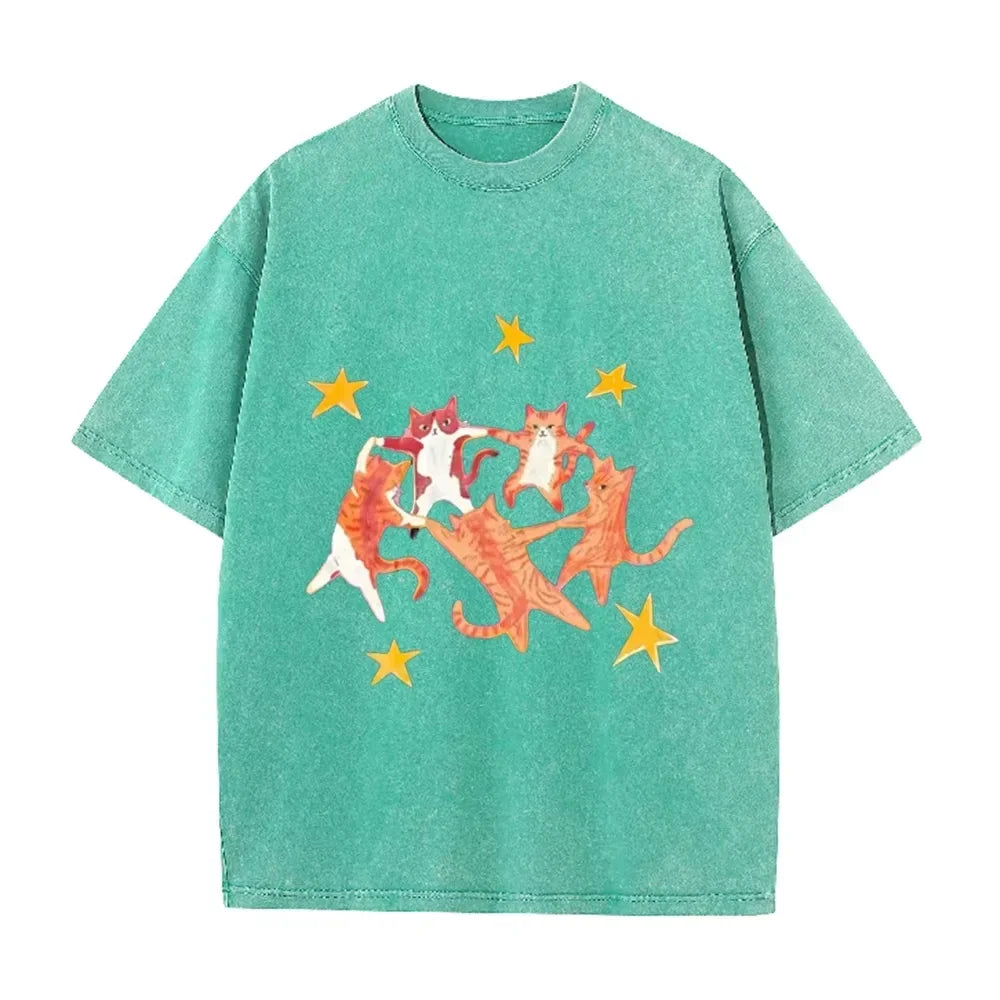 Vintage Washed Purple Dancing Orange Cats Star Print Casual Cute Animal Graphic T Shirt
