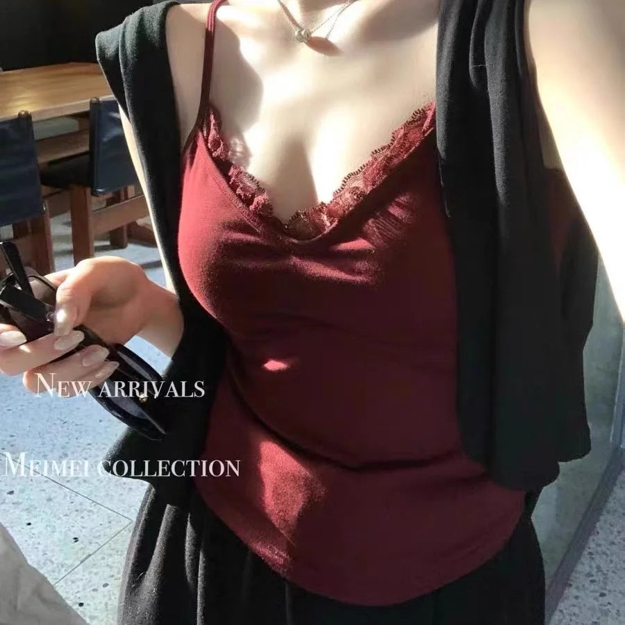 Women's Fitted Camisole with Lace Panels and Thin Shoulder Strap Design
