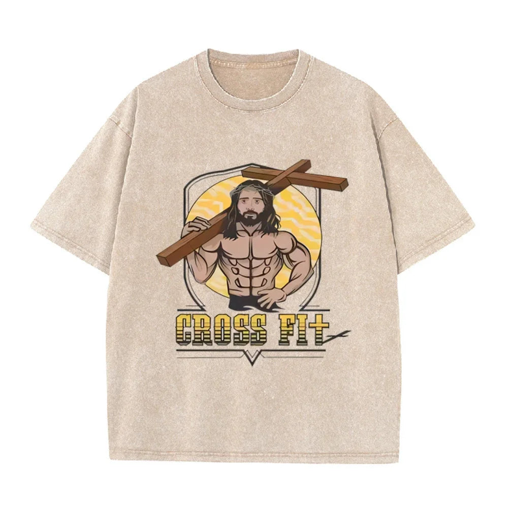 Oversized Washed Cotton Graphic T-Shirt with Short Sleeves