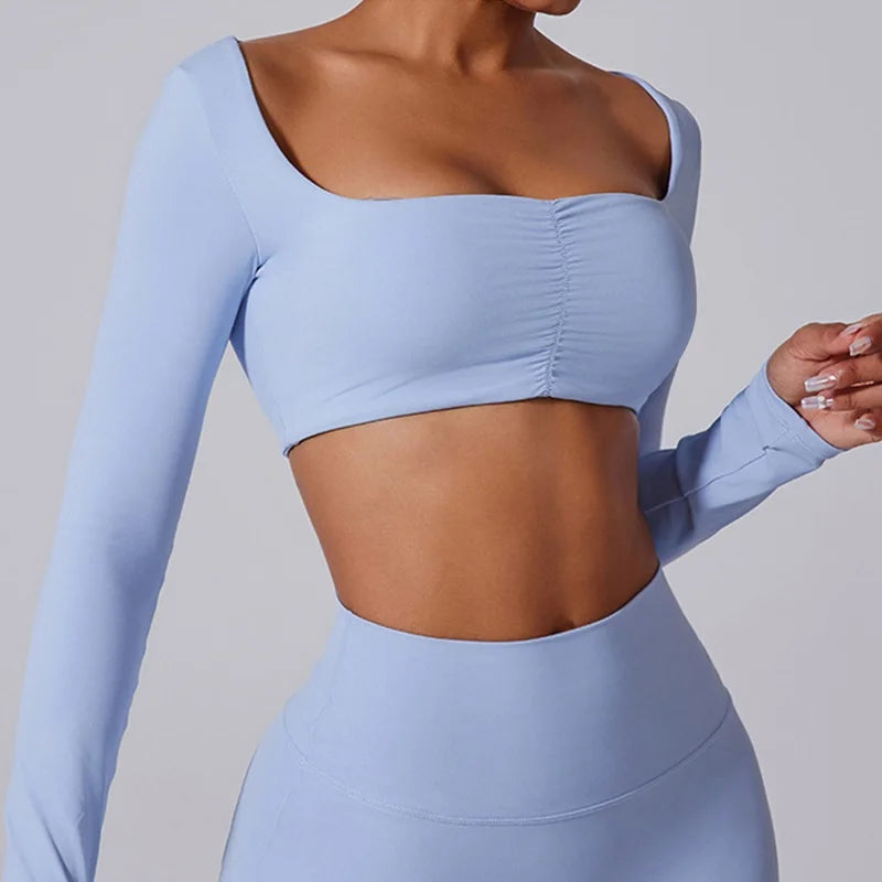 Women's Long-Sleeve Crop Top and Flared Pants Workout Set