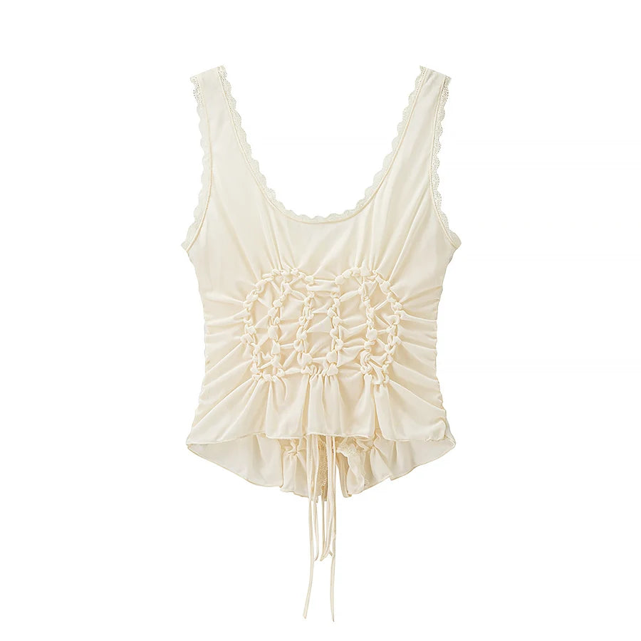 Women's Ruched Polyester Tank Top with Lace Trim and Front Tie
