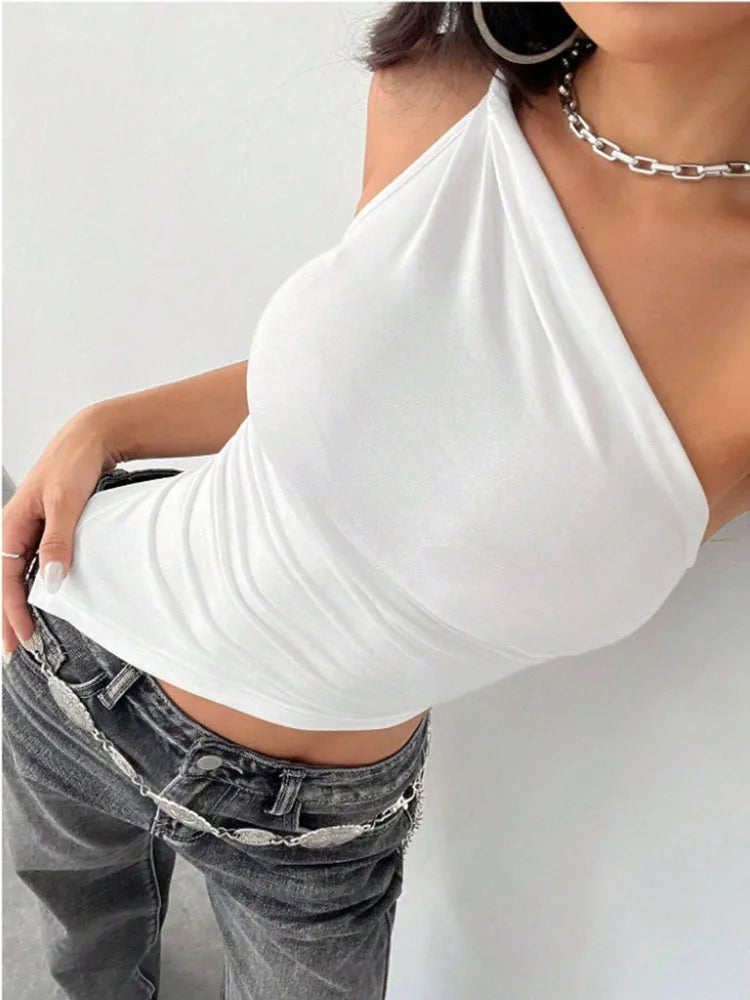 Women's One Shoulder Polyester Blend Tank Top with Ruched Asymmetric Hem