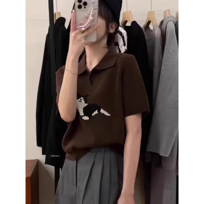 European vintage cat jacquard cashmere knitted short-sleeved women's lapel front-shoulder wool T-shirt, half-sleeved short top