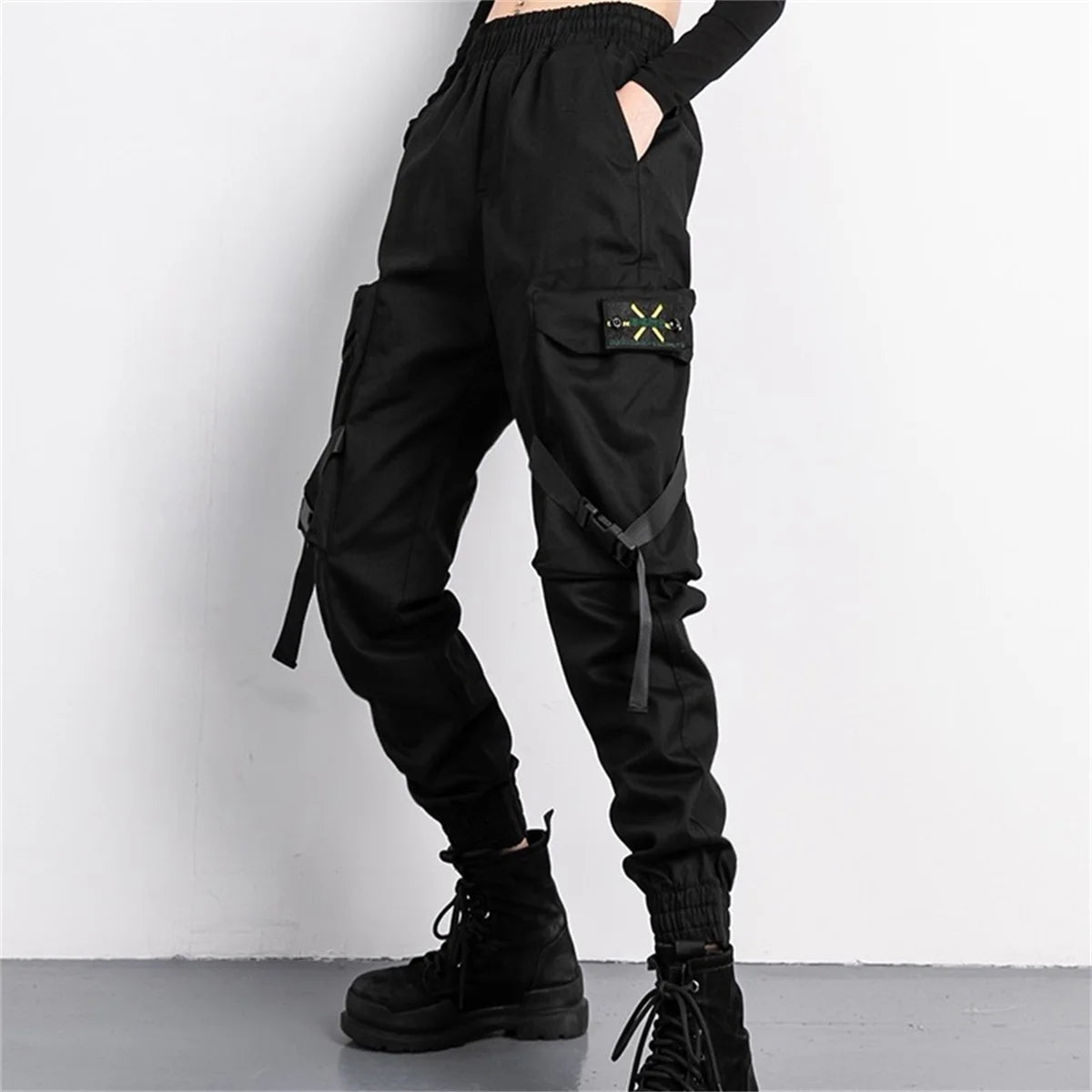 Women's Black Cargo Joggers with Pocket Tabs and Gathered Lower Legs