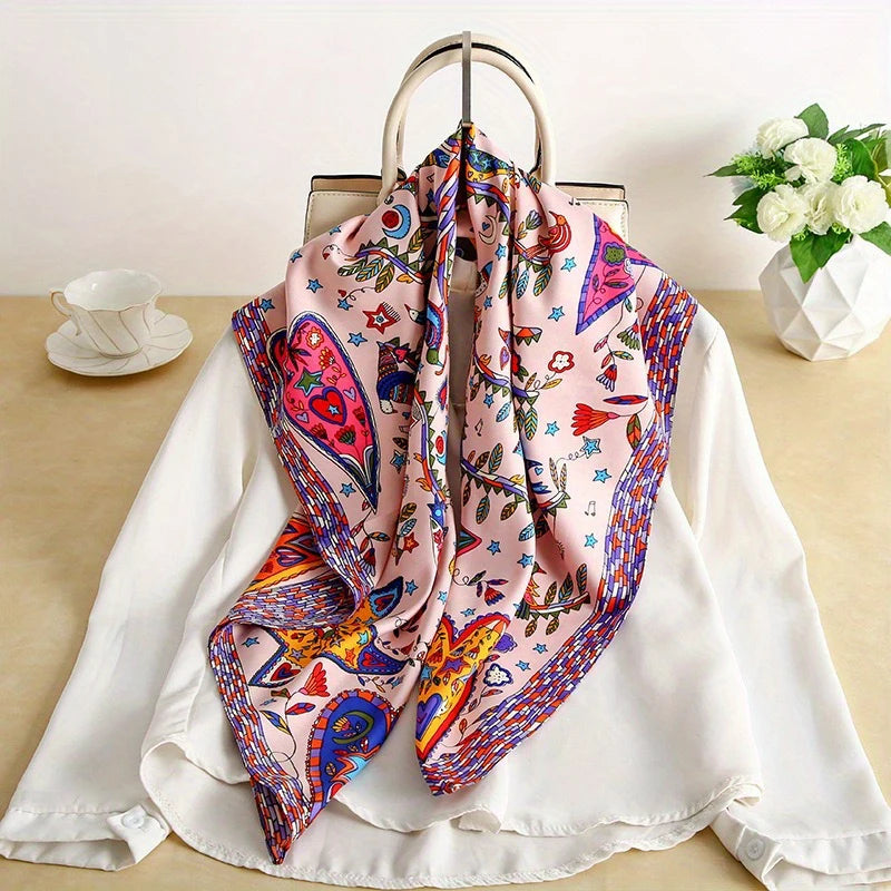 Printed Large Square Scarf with Decorative Border Designs