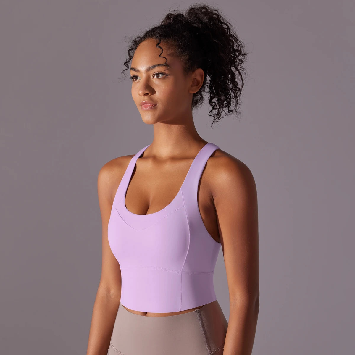 Women's Cross Back Nylon Blend Longline Sports Bra with Scoop Neck