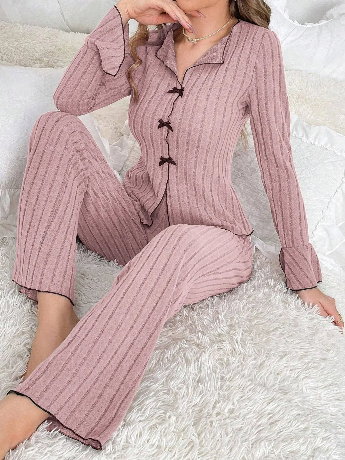 Women's Bow Front Ribbed Long Sleeve Pajama Set with Top and Pants