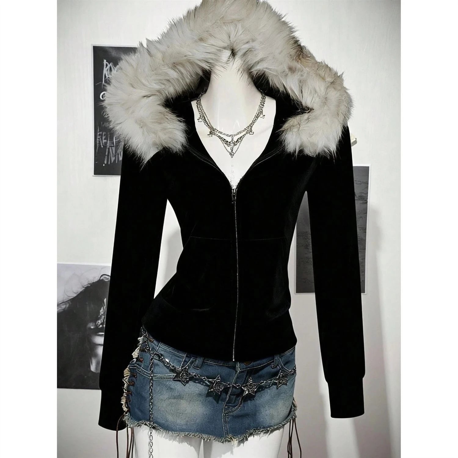 Fluffy Trim Long Sleeve Full Zip Casual Hoodie