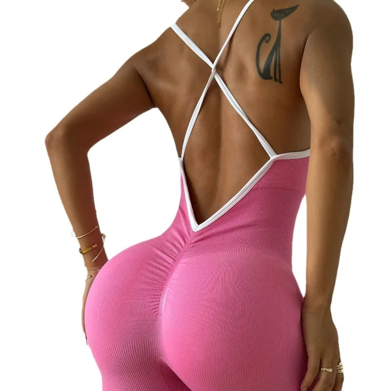 Women's Ribbed Workout Jumpsuit with Contrast Trim and Cross Back Straps