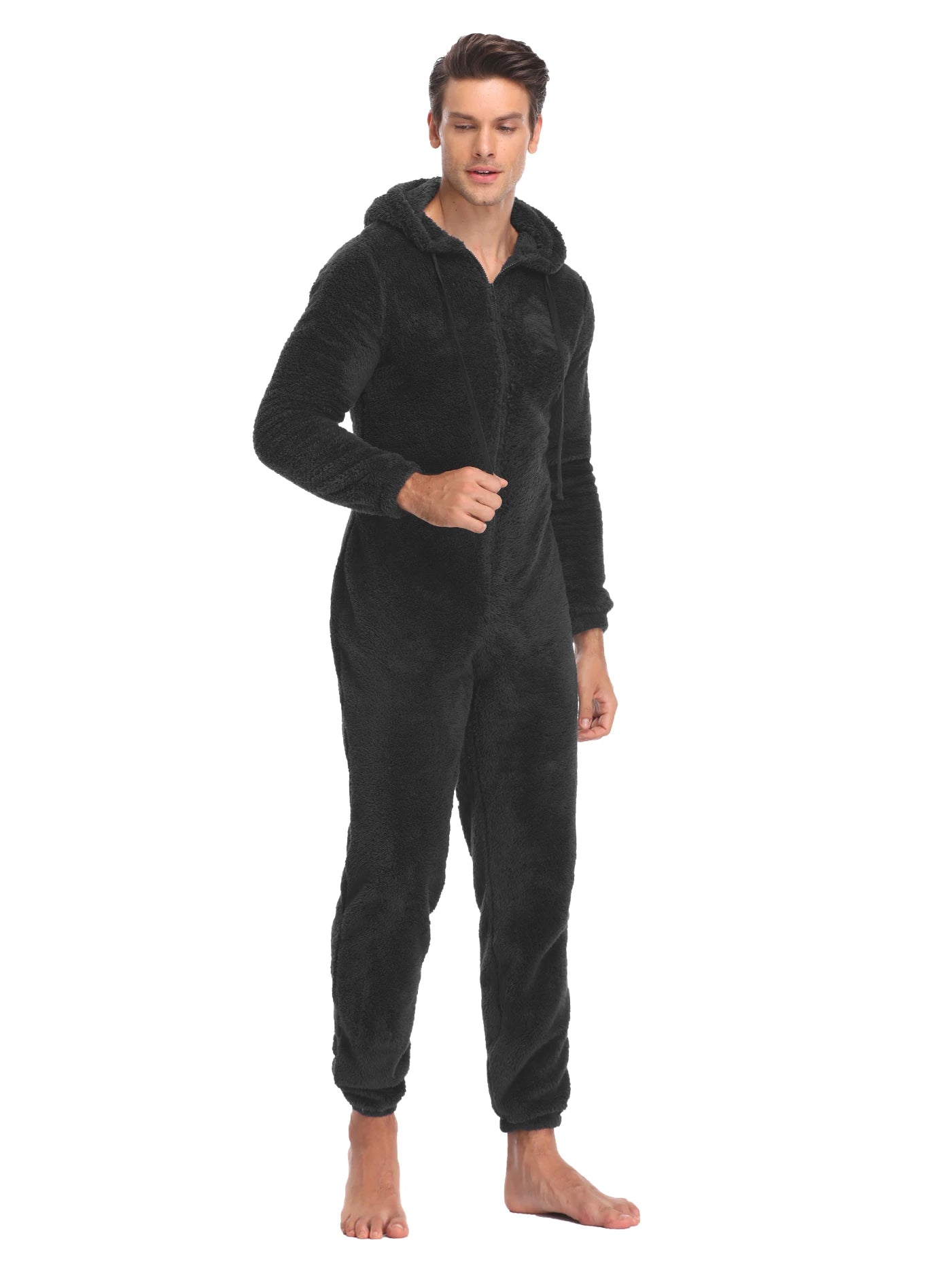 Men's Hooded Long Sleeve Zip Front Plush Pajama Jumpsuit