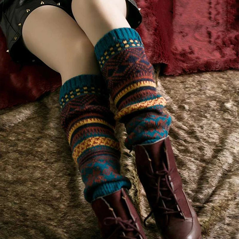 Patterned Knit Leg Warmers with Foldable Ribbed Cuffs