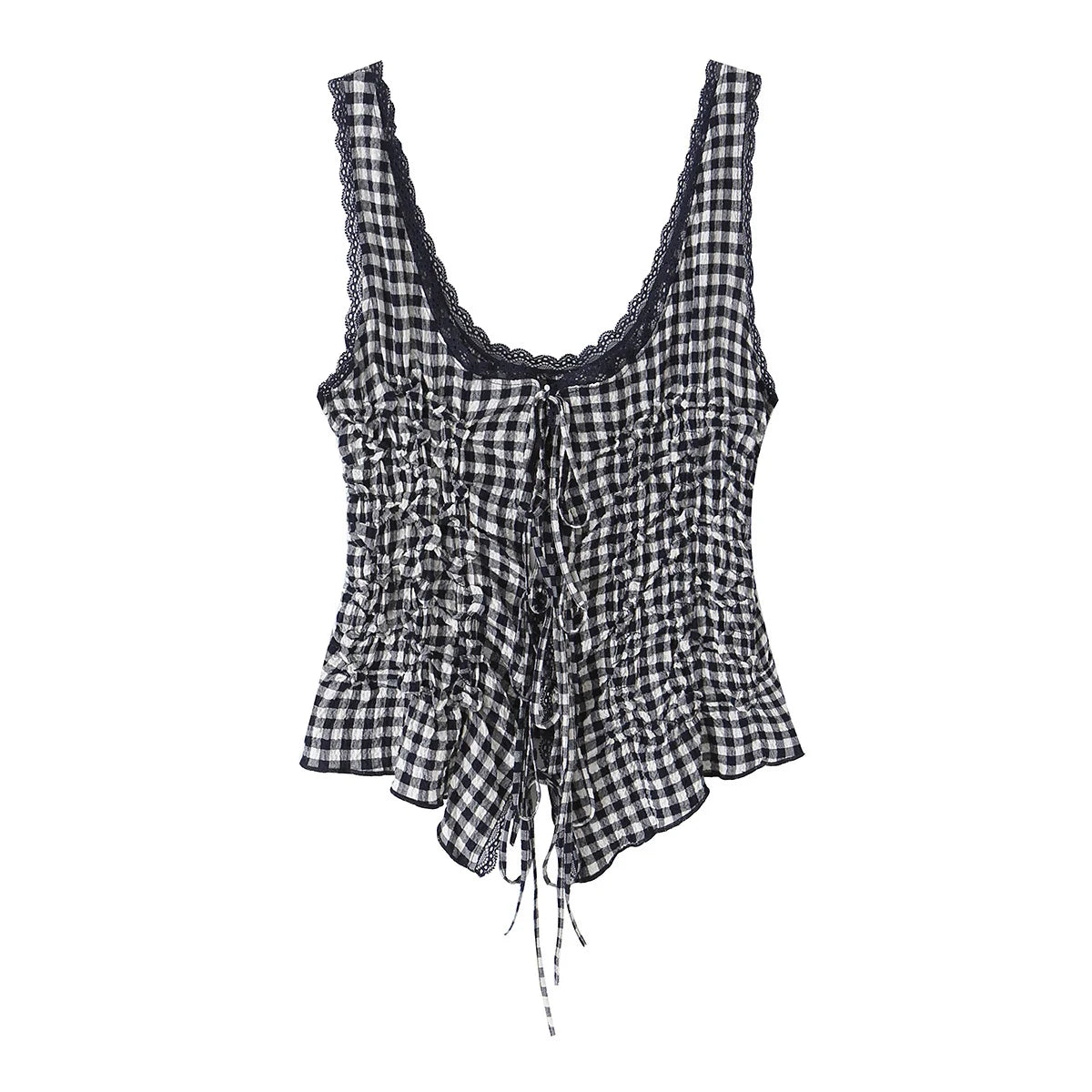 Women's Ruched Polyester Tank Top with Lace Trim and Front Tie